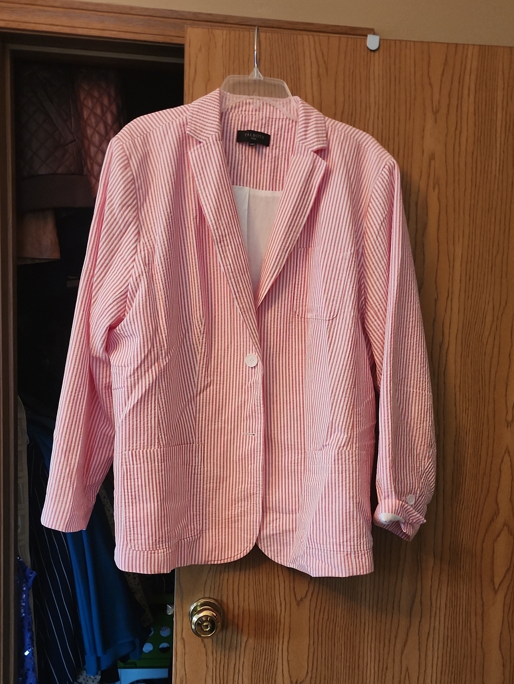 Talbots Coral & White Striped Seersucker Blazer